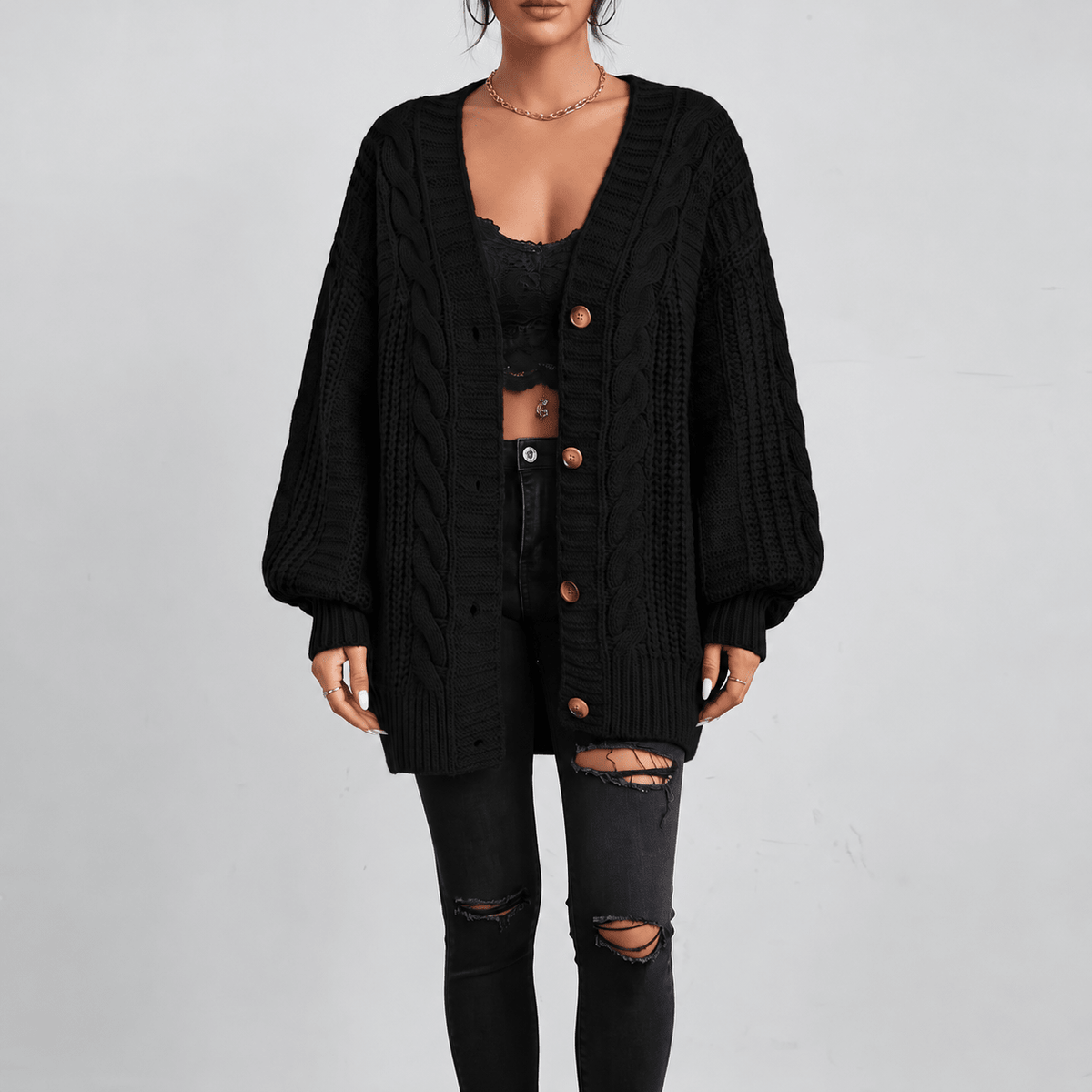 Maggie - Women's Oversized Cable Knit Cardigan with Deep V-Neck - Cardigans - Black - Sarvento