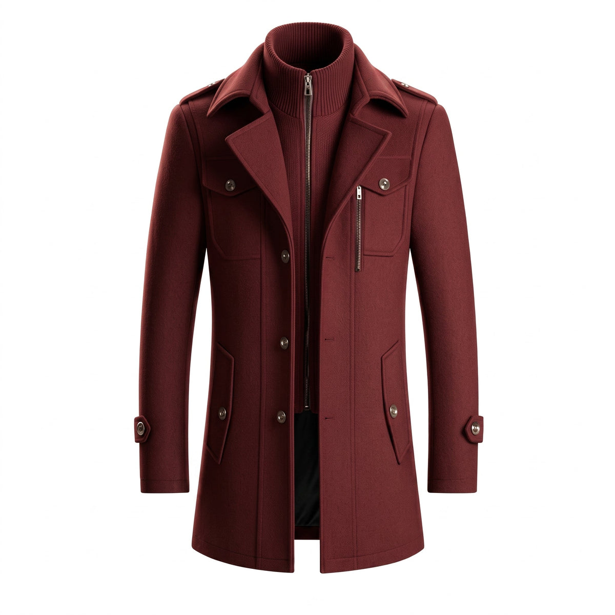 Marco - Men's Longline Wool-Look Overcoat with Zip Collar - Overcoats - Wine Red - Parker&Brooks