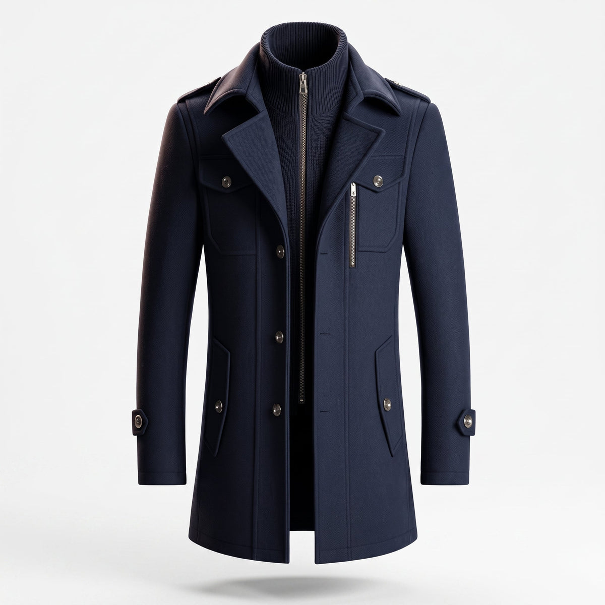 Marco - Men's Longline Wool-Look Overcoat with Zip Collar - Overcoats - Navy Blue - Parker&Brooks