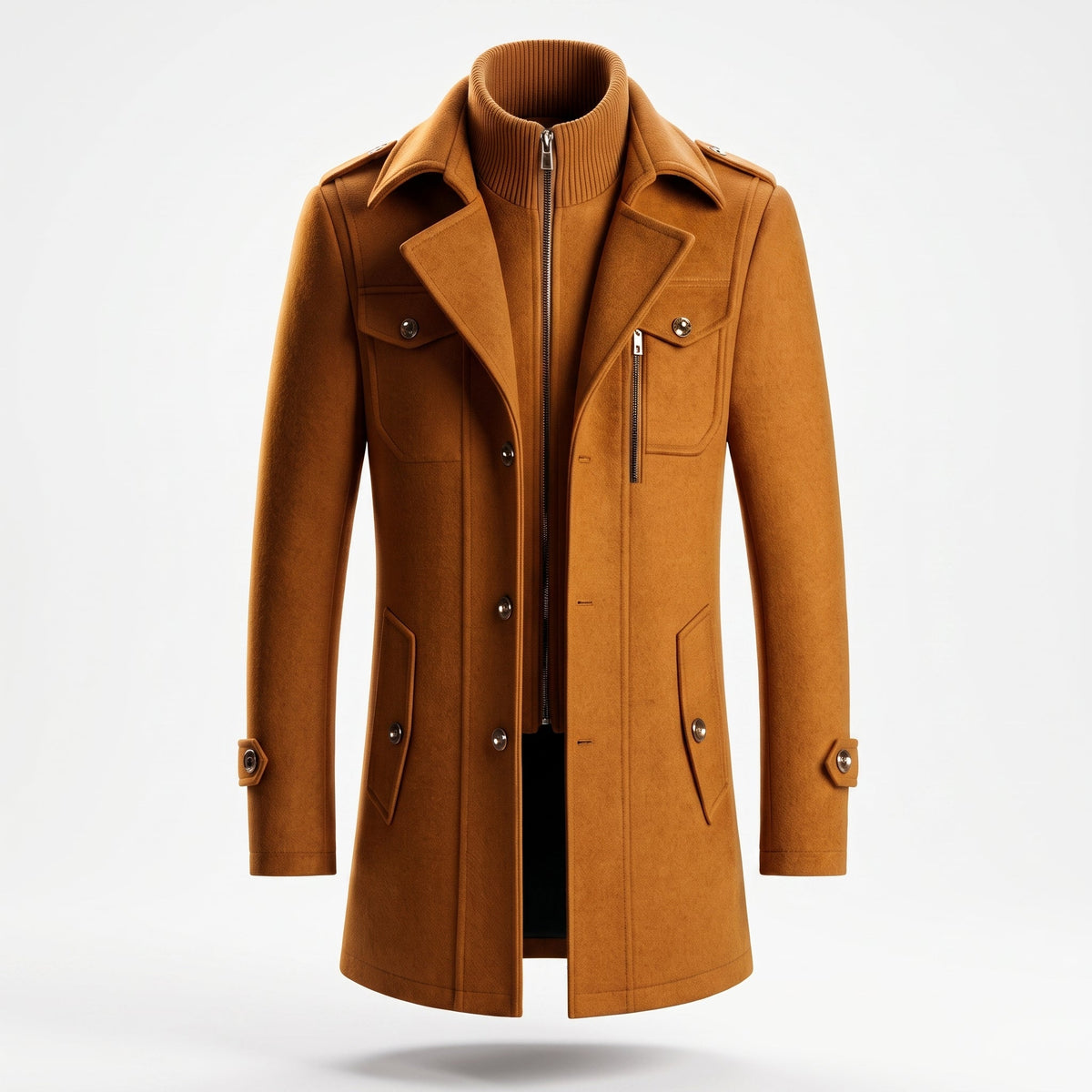 Marco - Men's Longline Wool-Look Overcoat with Zip Collar - Overcoats - Camel - Parker&Brooks