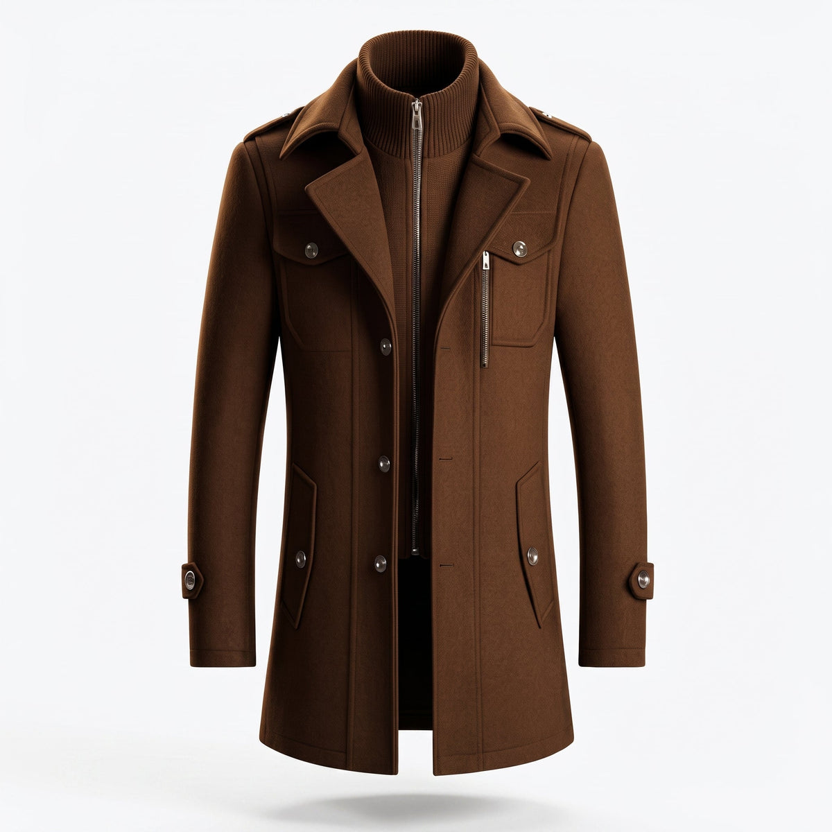 Marco - Men's Longline Wool-Look Overcoat with Zip Collar - Overcoats - Dark Brown - Parker&Brooks