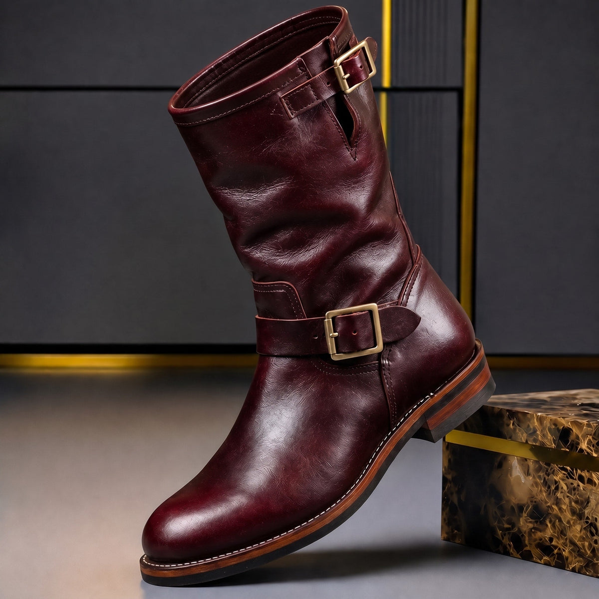 Marcus - Men's Buckle Strap Engineer Boots with Slouch Shaft - Boots - Burgundy - Parker&Brooks