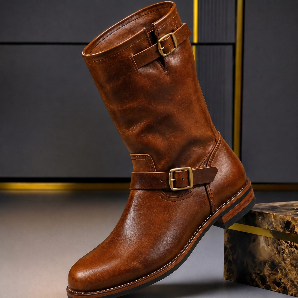 Marcus - Men's Buckle Strap Engineer Boots with Slouch Shaft - Boots - Brown - Parker&Brooks