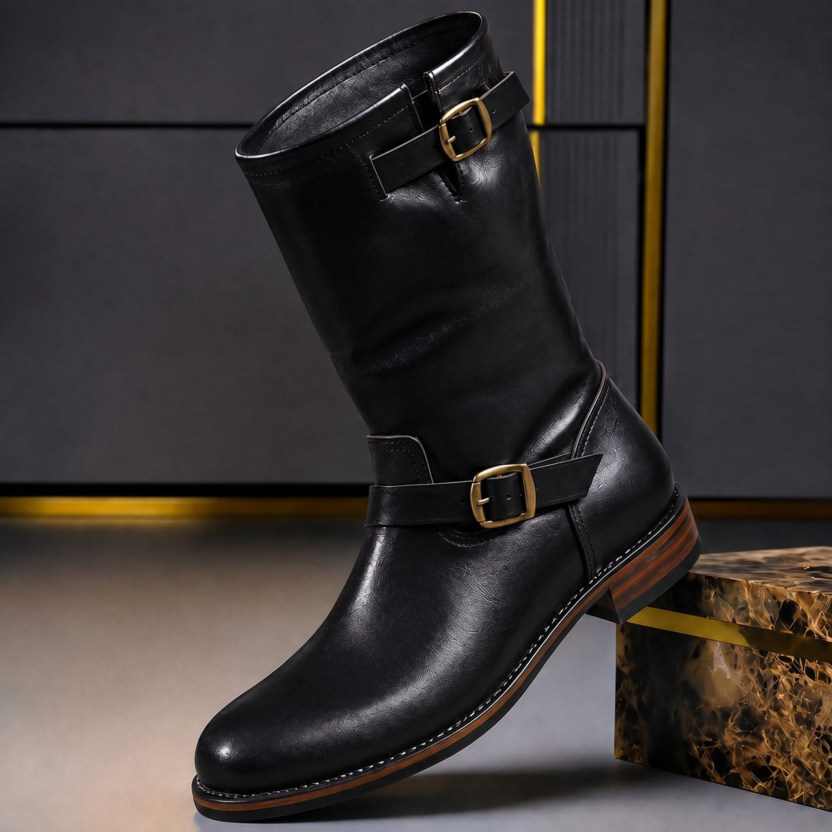 Marcus - Men's Buckle Strap Engineer Boots with Slouch Shaft - Boots - Black - Parker&Brooks