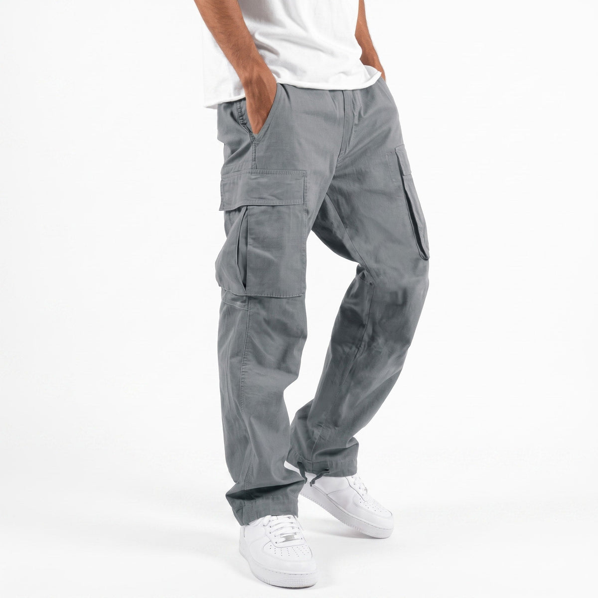 Marcus - Men's Cargo Trousers with Cuffed Hem - Cargo Pants - Gray - Parker&Brooks