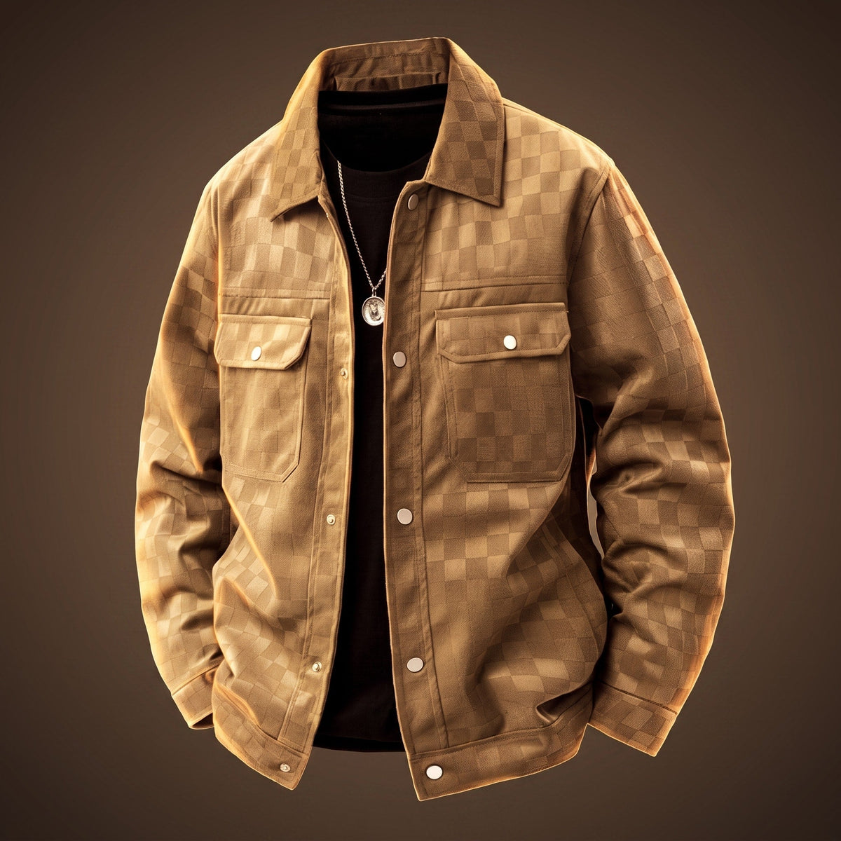 Marcus - Men's Checkered Snap Button Trucker Jacket with Chest Pockets - Trucker Jackets - Brown - Parker&Brooks