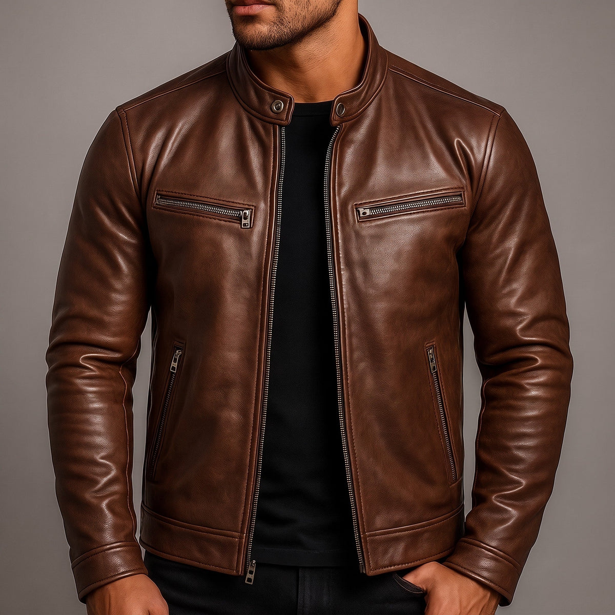 Marcus - Men's Classic Zip-Up Biker Jacket with Snap Collar - Motorcycle Outerwear - Brown - Parker&Brooks