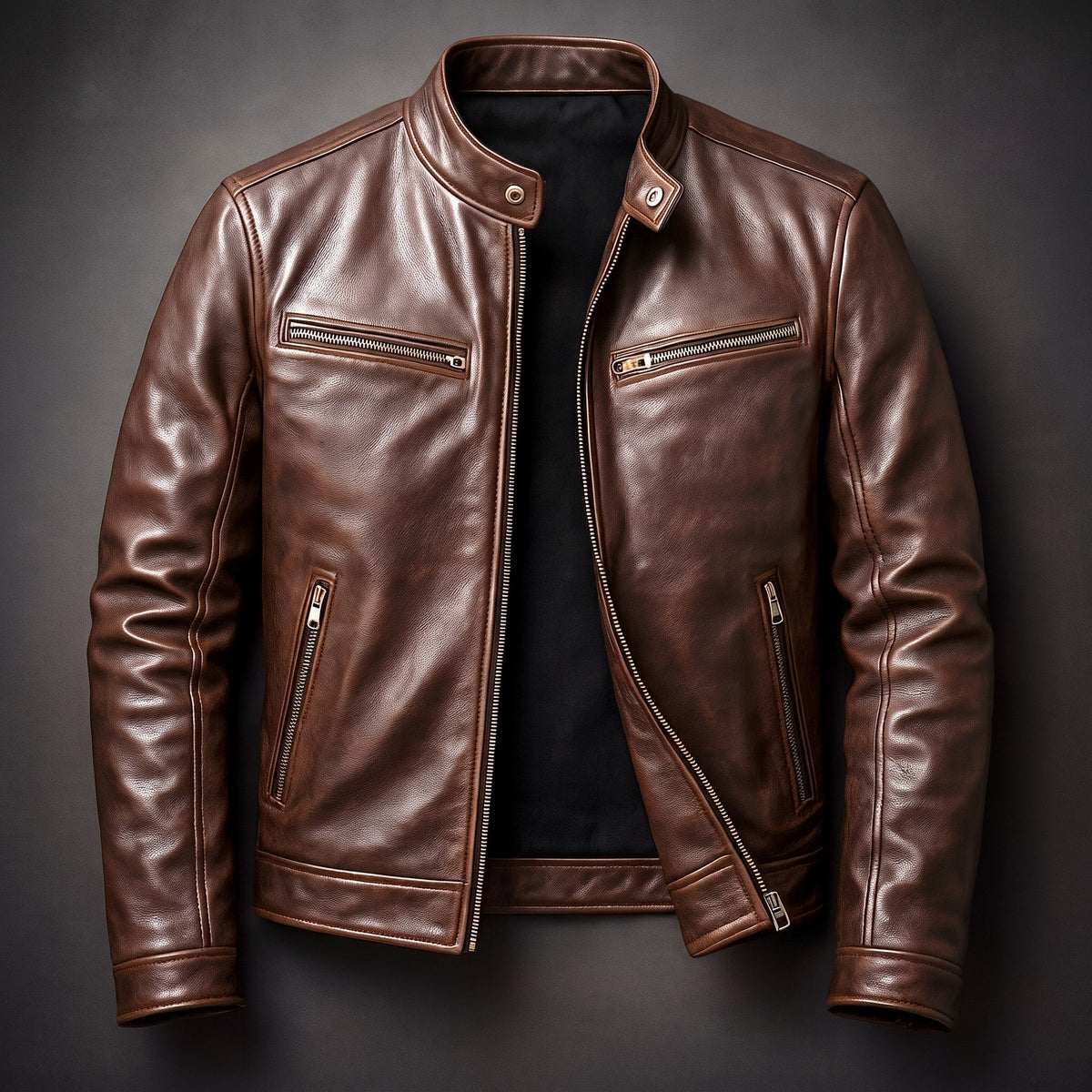 Marcus - Men's Classic Zip-Up Biker Jacket with Snap Collar - Motorcycle Outerwear - Black - Parker&Brooks