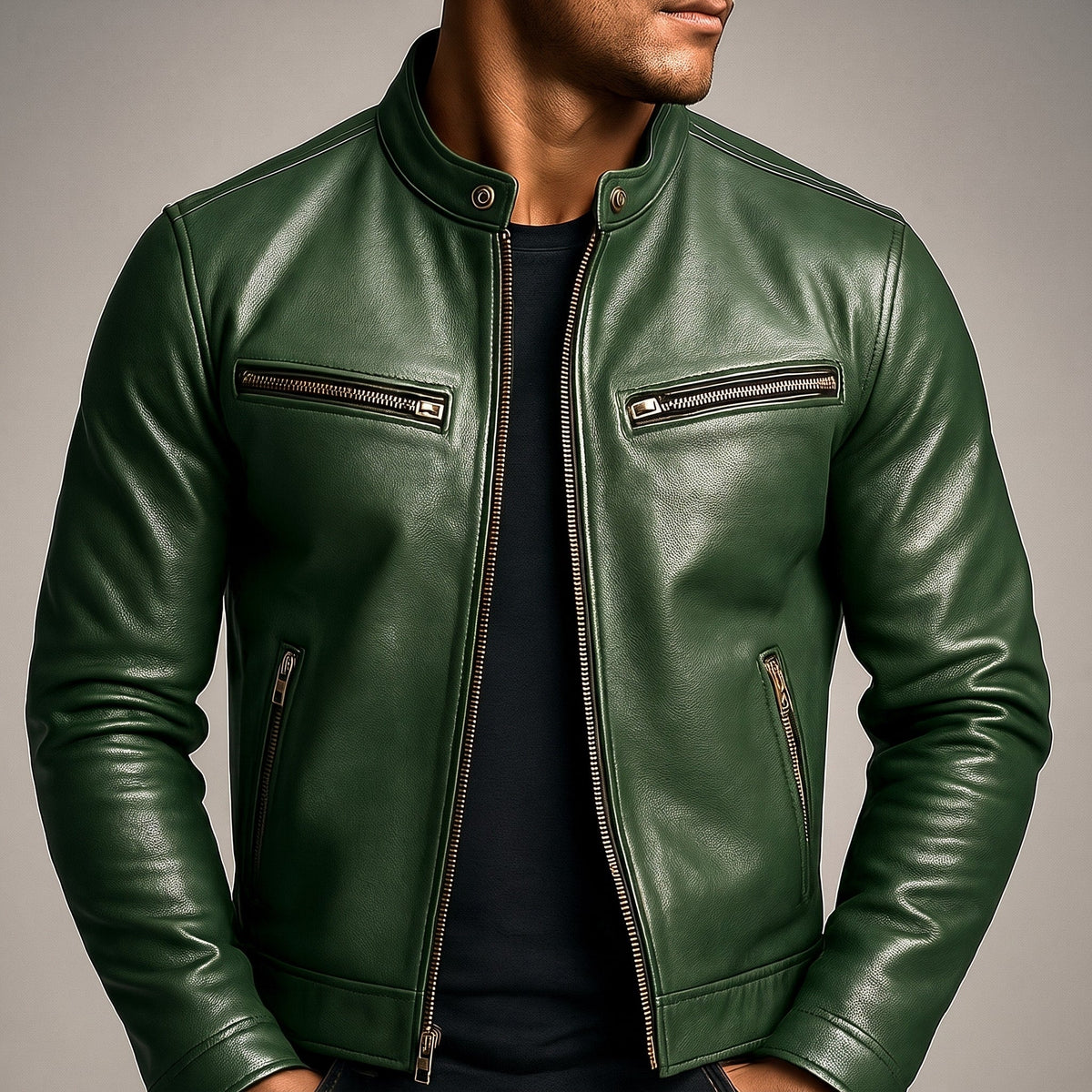 Marcus - Men's Classic Zip-Up Biker Jacket with Snap Collar - Motorcycle Outerwear - Green - Parker&Brooks