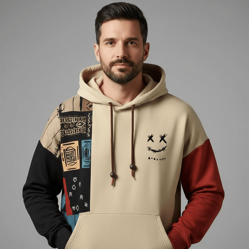 Marcus - Men's Color Block Pullover Hoodie with Graphic Print - Hoodies - Khaki - Sarvento