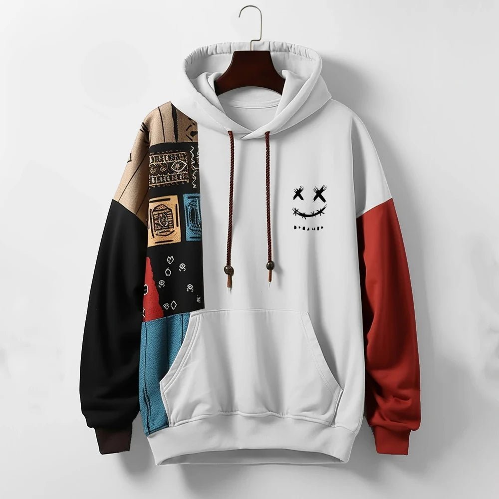Marcus - Men's Color Block Pullover Hoodie with Graphic Print - Hoodies - White - Sarvento