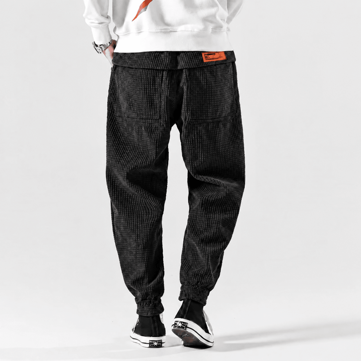 Marcus - Men's Corduroy Cargo Joggers with Drawstring Waist - Joggers - Black - Sarvento