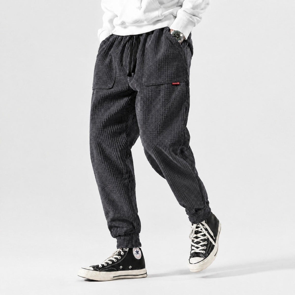 Marcus - Men's Corduroy Cargo Joggers with Drawstring Waist - Joggers - Black - Parker&Brooks