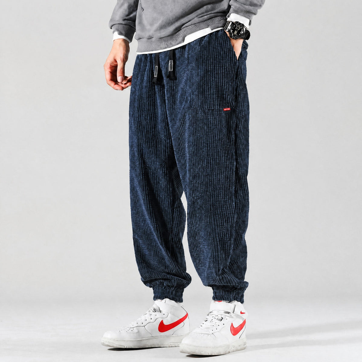 Marcus - Men's Corduroy Cargo Joggers with Drawstring Waist - Joggers - Navy - Parker&Brooks
