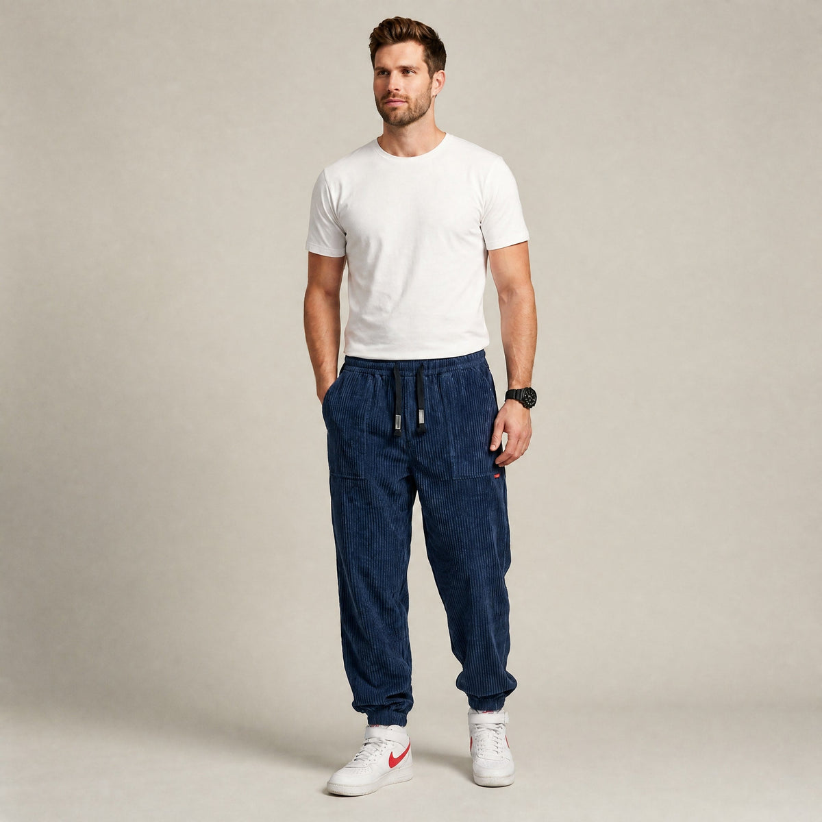 Marcus - Men's Corduroy Cargo Joggers with Drawstring Waist - Joggers - Navy - Parker&Brooks