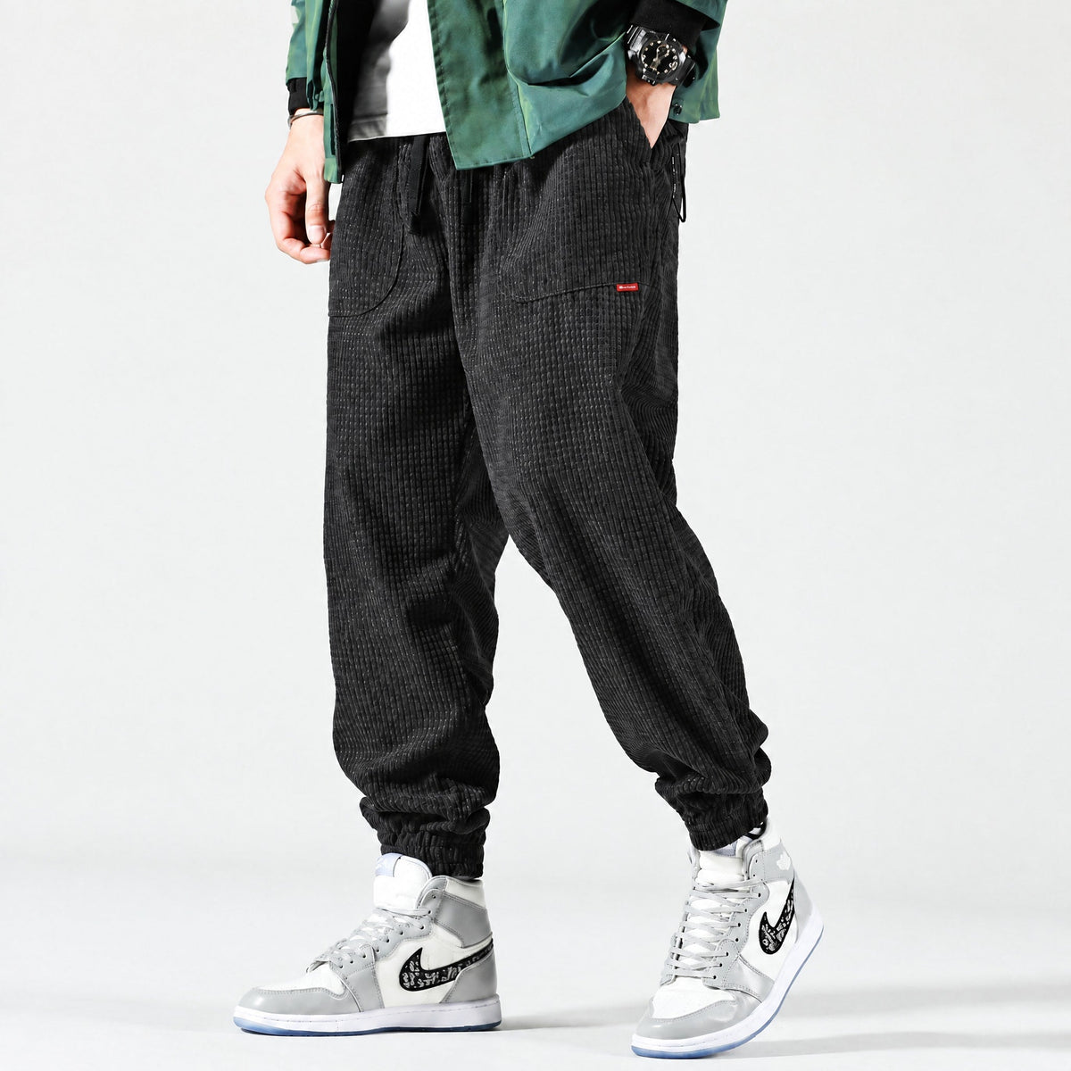 Marcus - Men's Corduroy Cargo Joggers with Drawstring Waist - Joggers - Black - Parker&Brooks