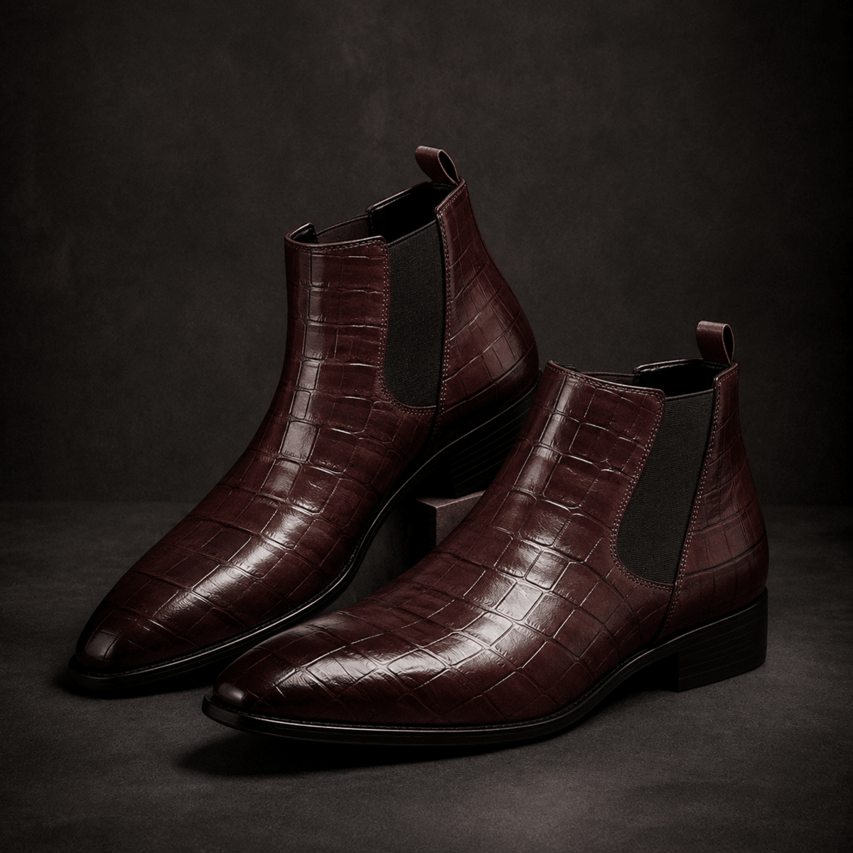 Marcus - Men's Croc-Embossed Chelsea Boots with Pointed Toe - Boots - Dark Brown - Parker&Brooks