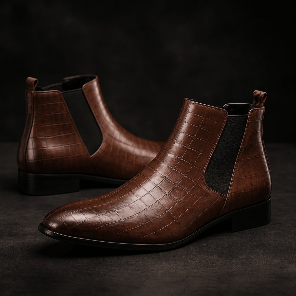 Marcus - Men's Croc-Embossed Chelsea Boots with Pointed Toe - Boots - Brown - Parker&Brooks