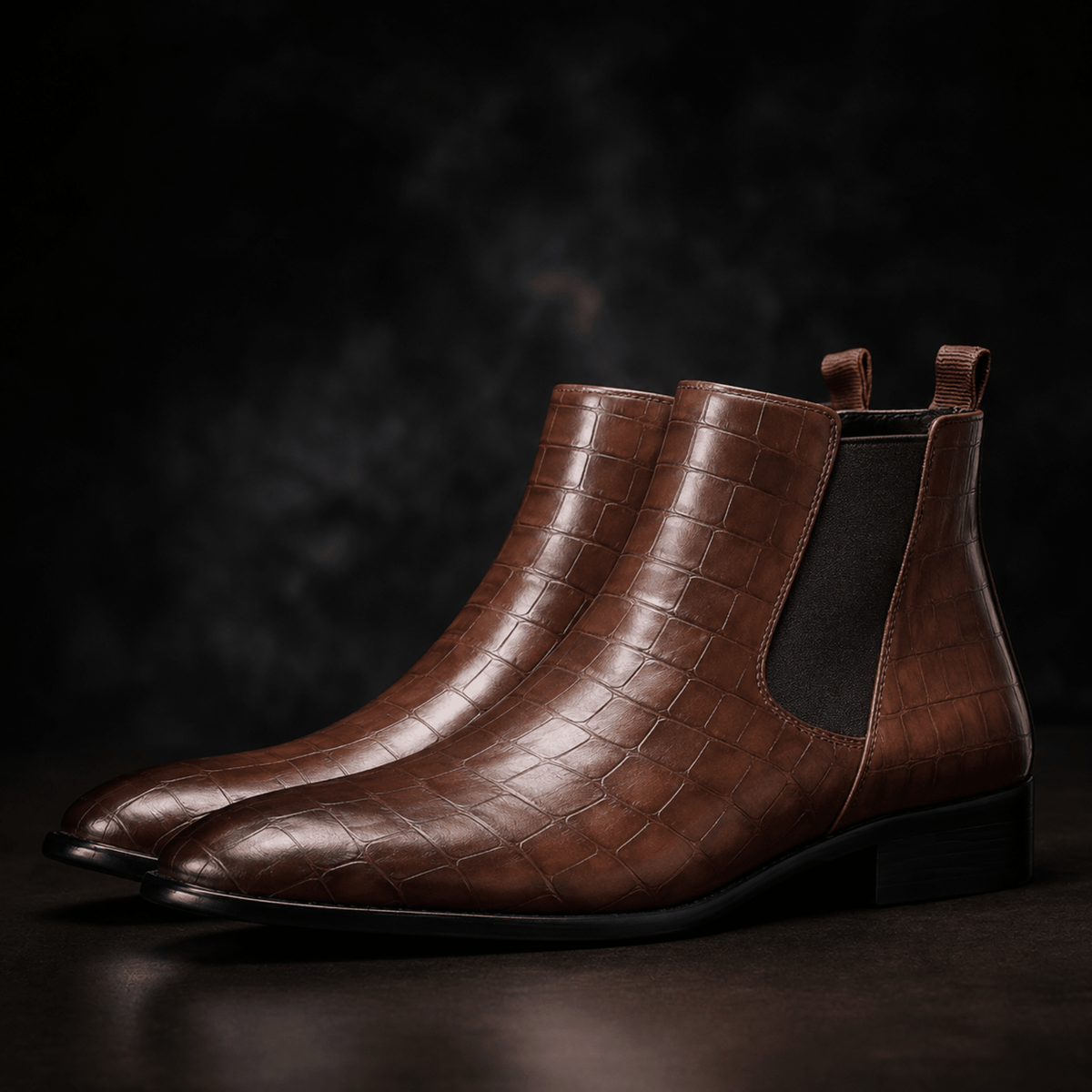 Marcus - Men's Croc-Embossed Chelsea Boots with Pointed Toe - Boots - Brown - Parker&Brooks