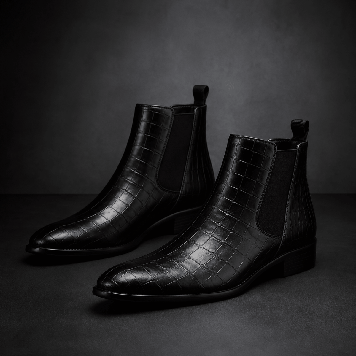 Marcus - Men's Croc-Embossed Chelsea Boots with Pointed Toe - Boots - Black - Parker&Brooks