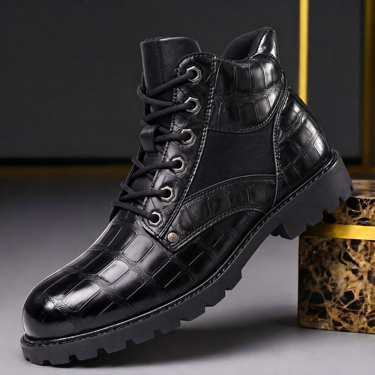 Marcus - Men's Croc-Embossed Lace-Up Ankle Boots with Lug Sole - Boots - Black - Parker&Brooks