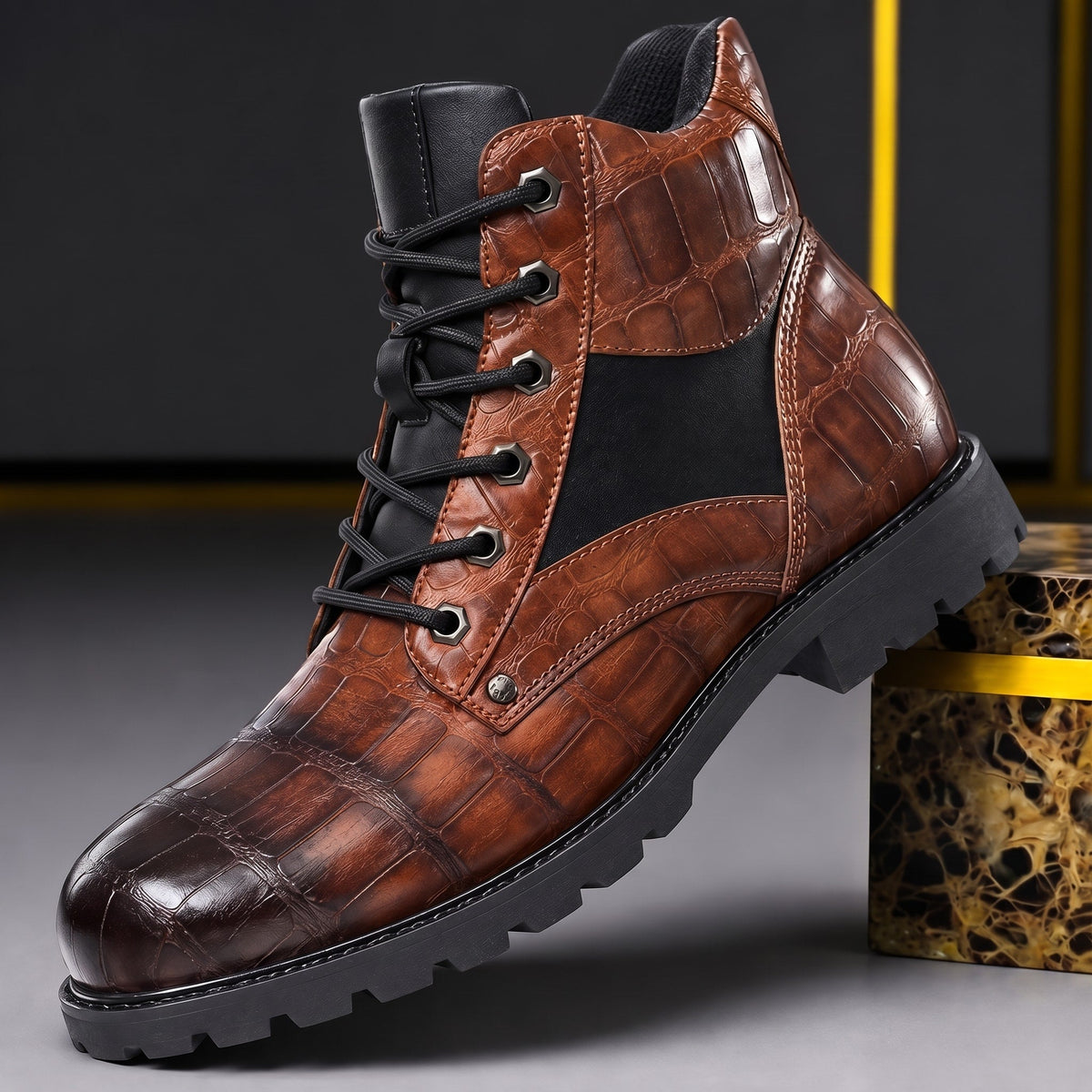 Marcus - Men's Croc-Embossed Lace-Up Ankle Boots with Lug Sole - Boots - Brown - Parker&Brooks