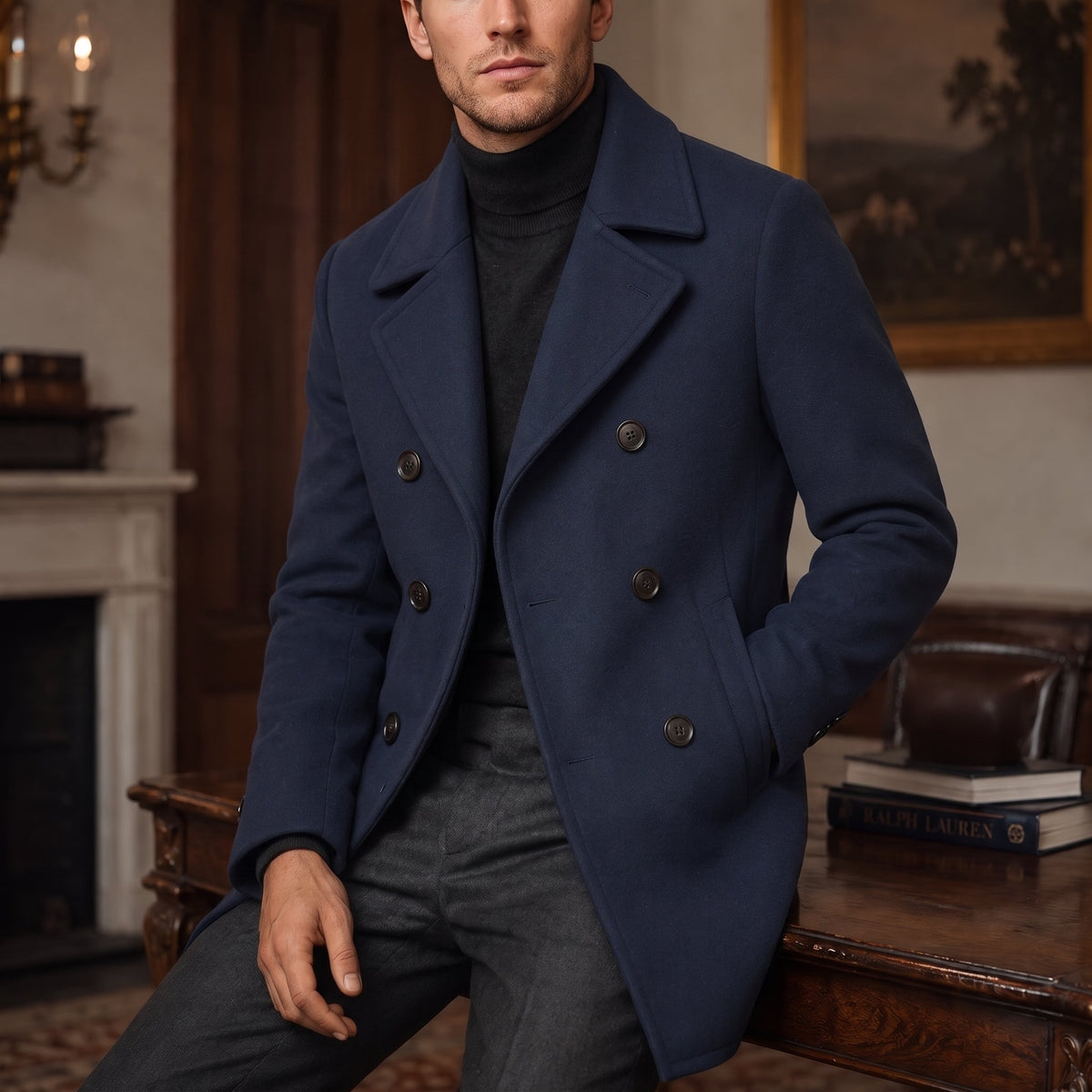 Marcus - Men's Double-Breasted Tailored Wool-Blend Peacoat - Pea Coats - Navy Blue - Sarvento