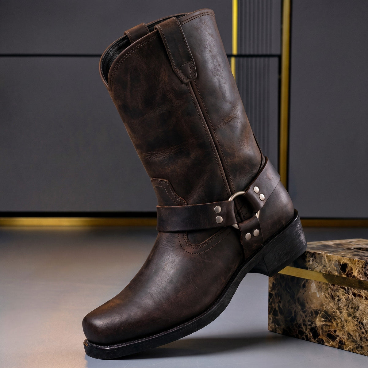 Marcus - Men's Harness Ankle Boots with Buckle Strap and Pull-On Design - Boots - Dark Brown - Parker&Brooks