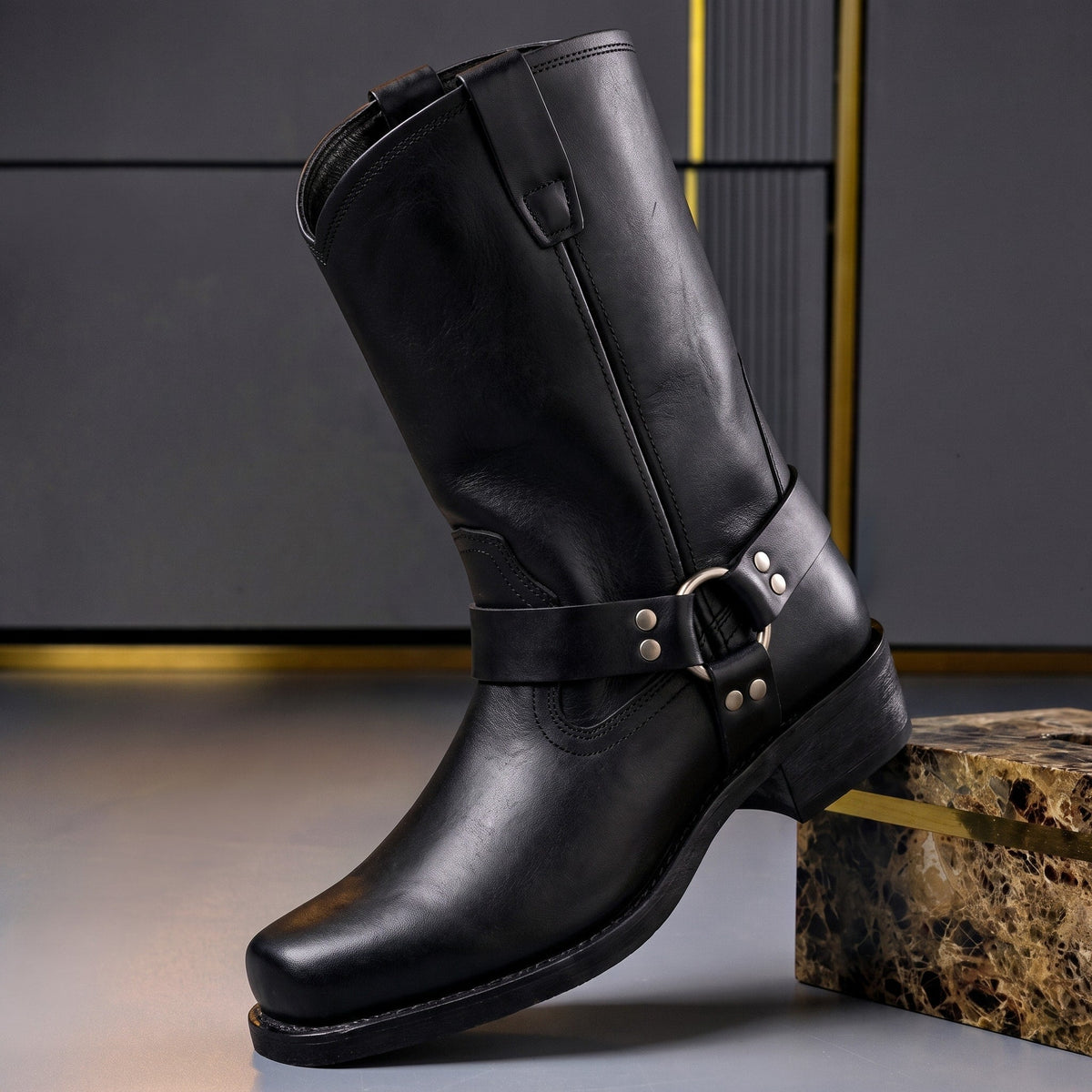 Marcus - Men's Harness Ankle Boots with Buckle Strap and Pull-On Design - Boots - Black - Parker&Brooks