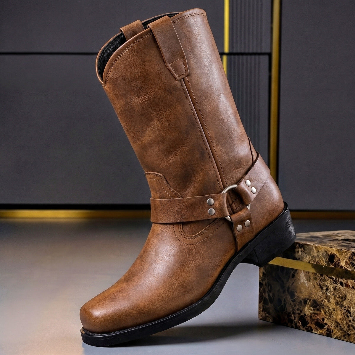 Marcus - Men's Harness Ankle Boots with Buckle Strap and Pull-On Design - Boots - Brown - Parker&Brooks