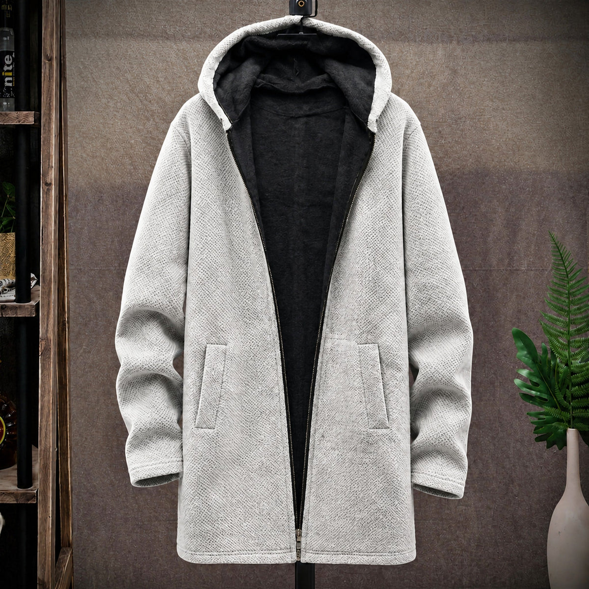 Marcus - Men's Hooded Longline Knit Coat with Zip Closure - Coats & Jackets - White - Parker&Brooks