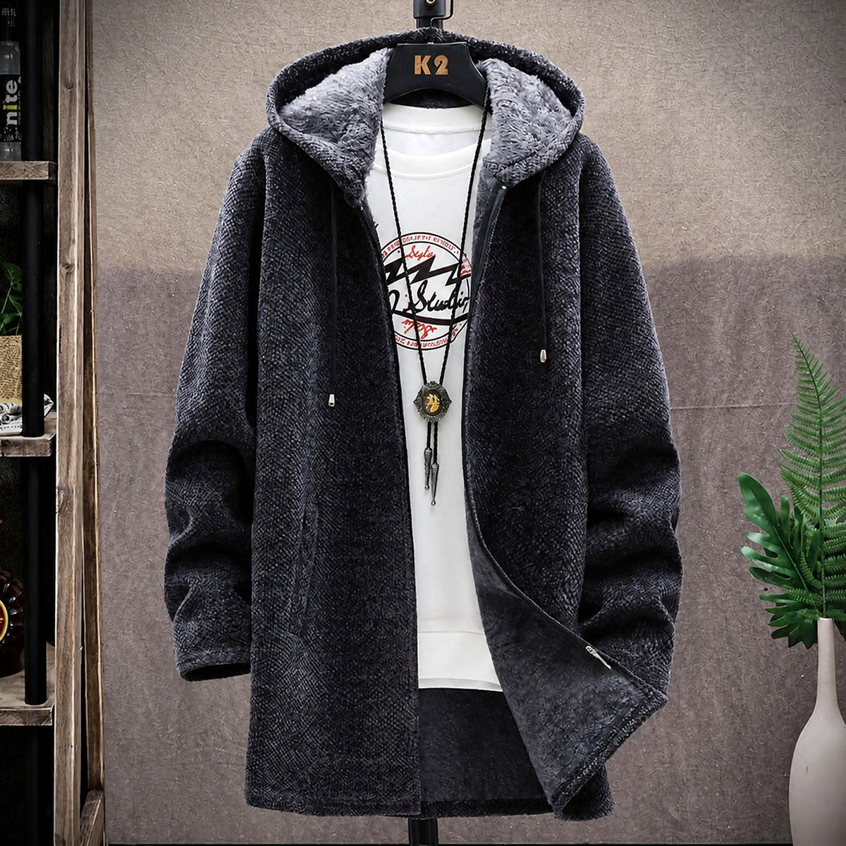 Marcus - Men's Hooded Longline Knit Coat with Zip Closure - Coats & Jackets - Black - Parker&Brooks