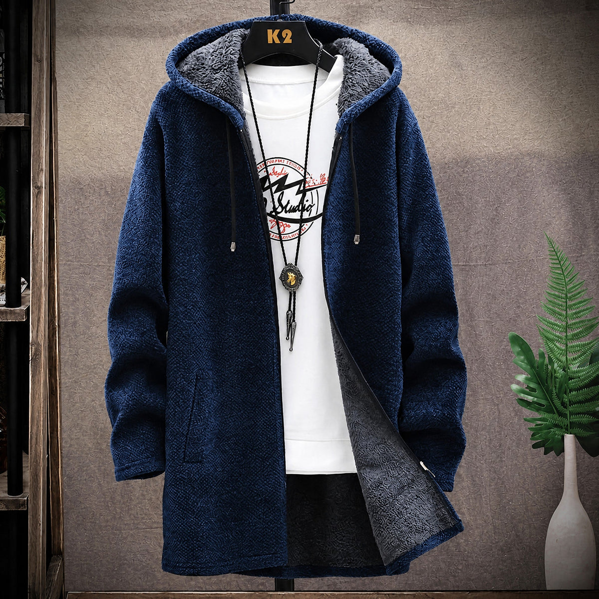 Marcus - Men's Hooded Longline Knit Coat with Zip Closure - Coats & Jackets - Red - Parker&Brooks