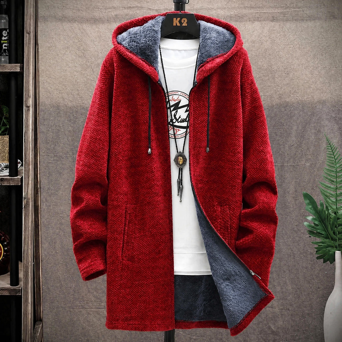 Marcus - Men's Hooded Longline Knit Coat with Zip Closure - Coats & Jackets - Red - Parker&Brooks