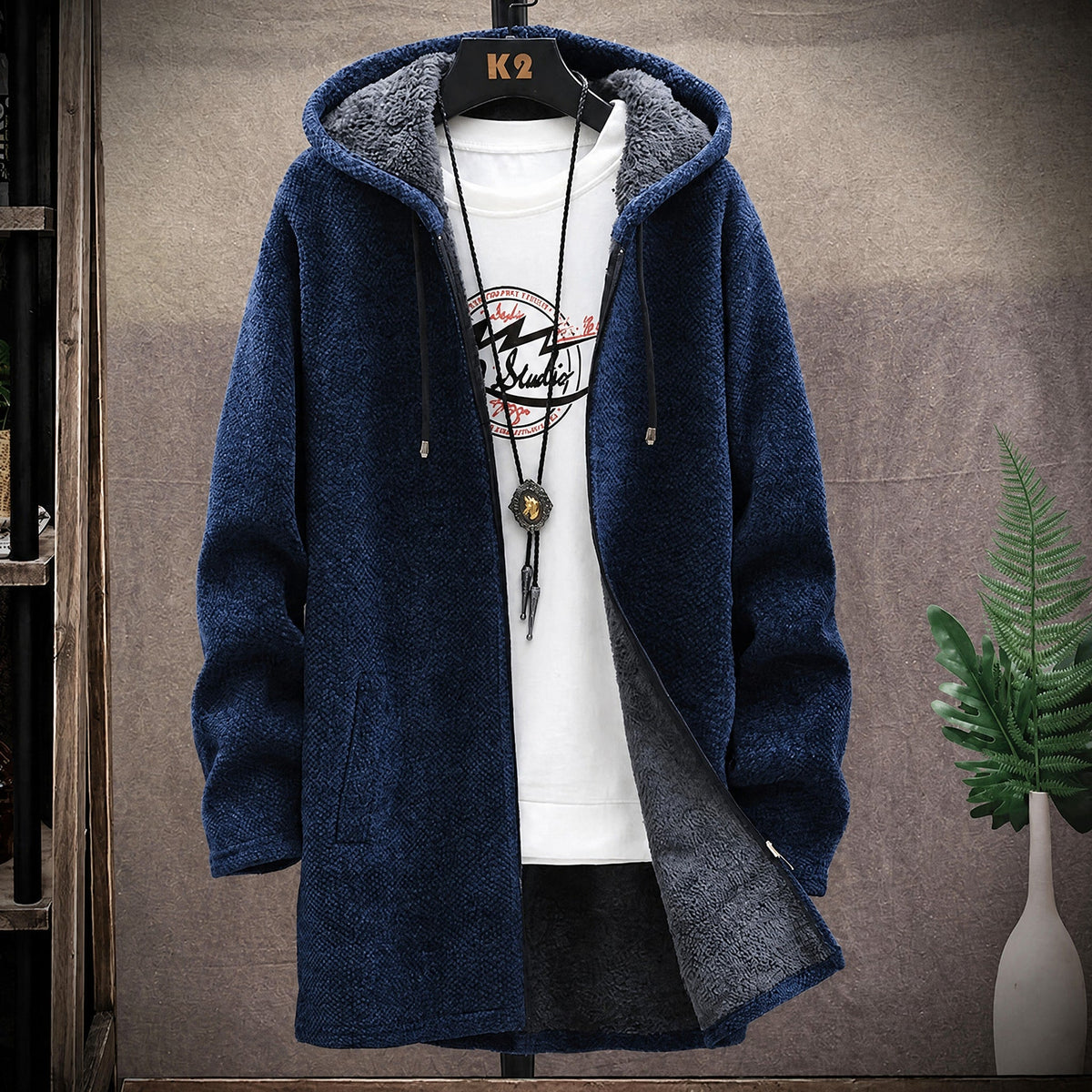 Marcus - Men's Hooded Longline Knit Coat with Zip Closure - Coats & Jackets - Blue - Parker&Brooks