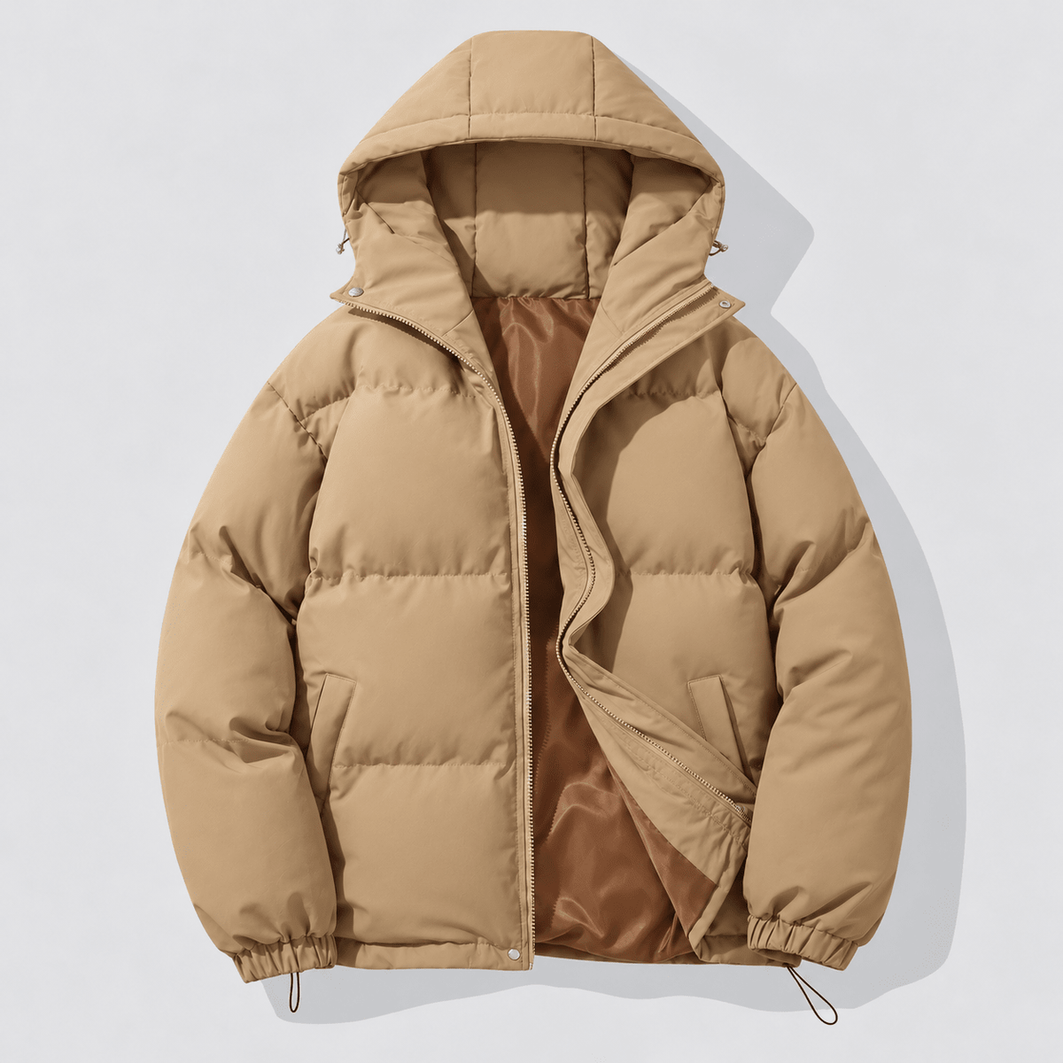 Marcus - Men's Hooded Puffer Jacket with Drawstring Hem and Zip Closure - Puffer Jackets - Khaki - Sarvento
