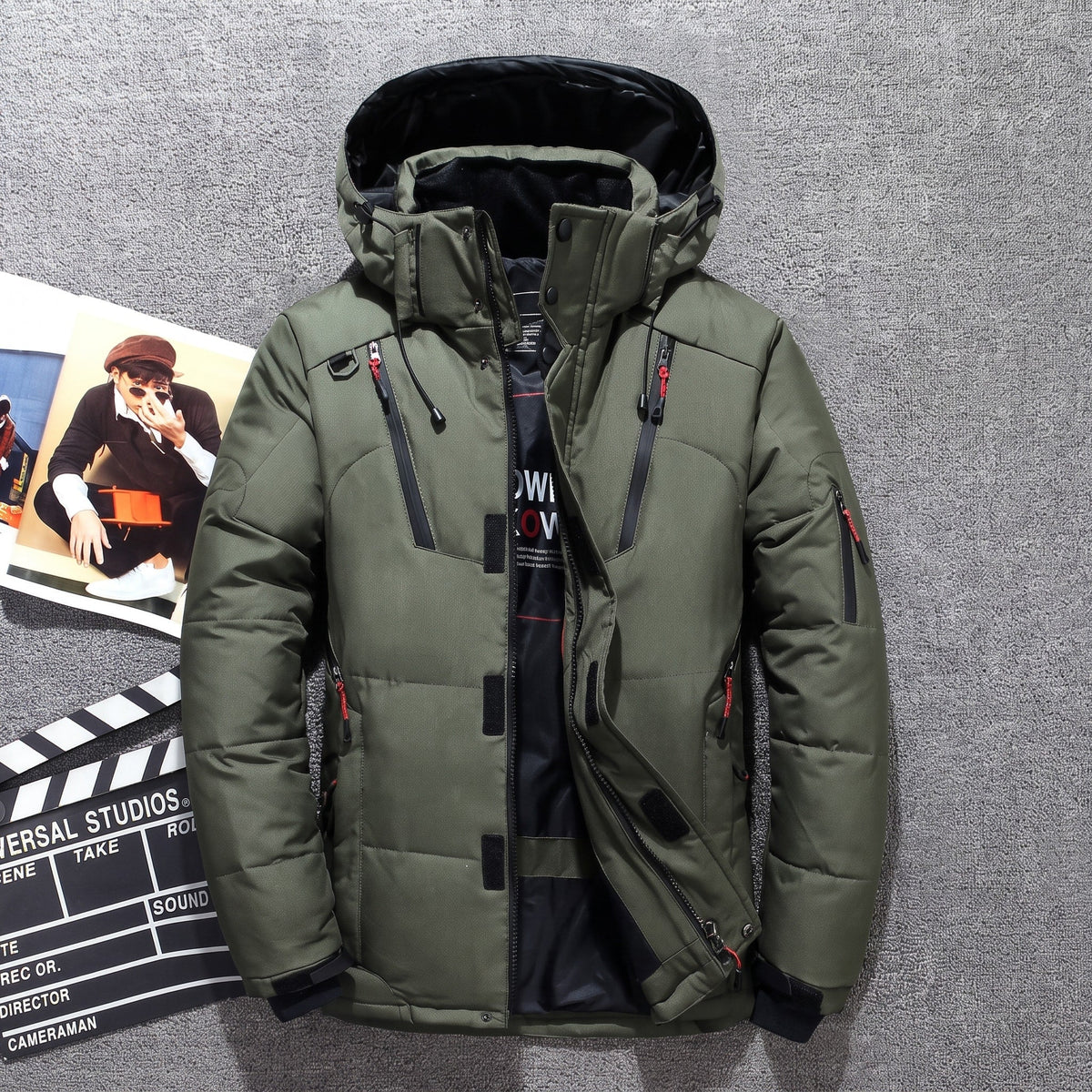 Marcus - Men's Hooded Puffer with Zip Pockets and Ribbed Storm Cuffs - Puffer Jackets - Army Green - Sarvento