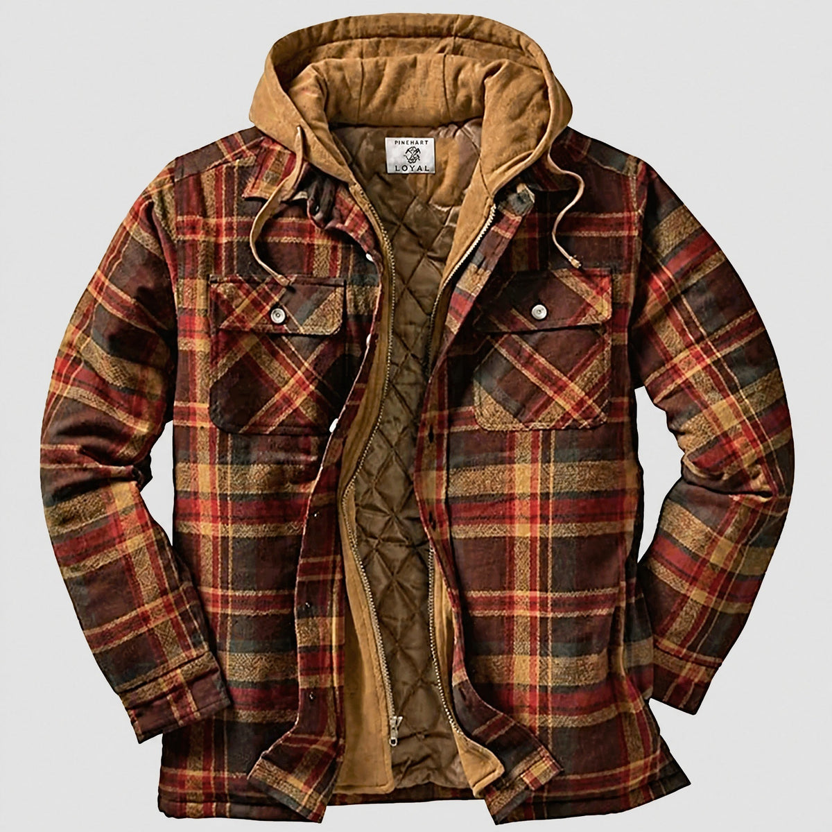 Marcus - Men's Hooded Quilted Check Jacket with Chest Pockets - Coats & Jackets - Brown - Parker&Brooks