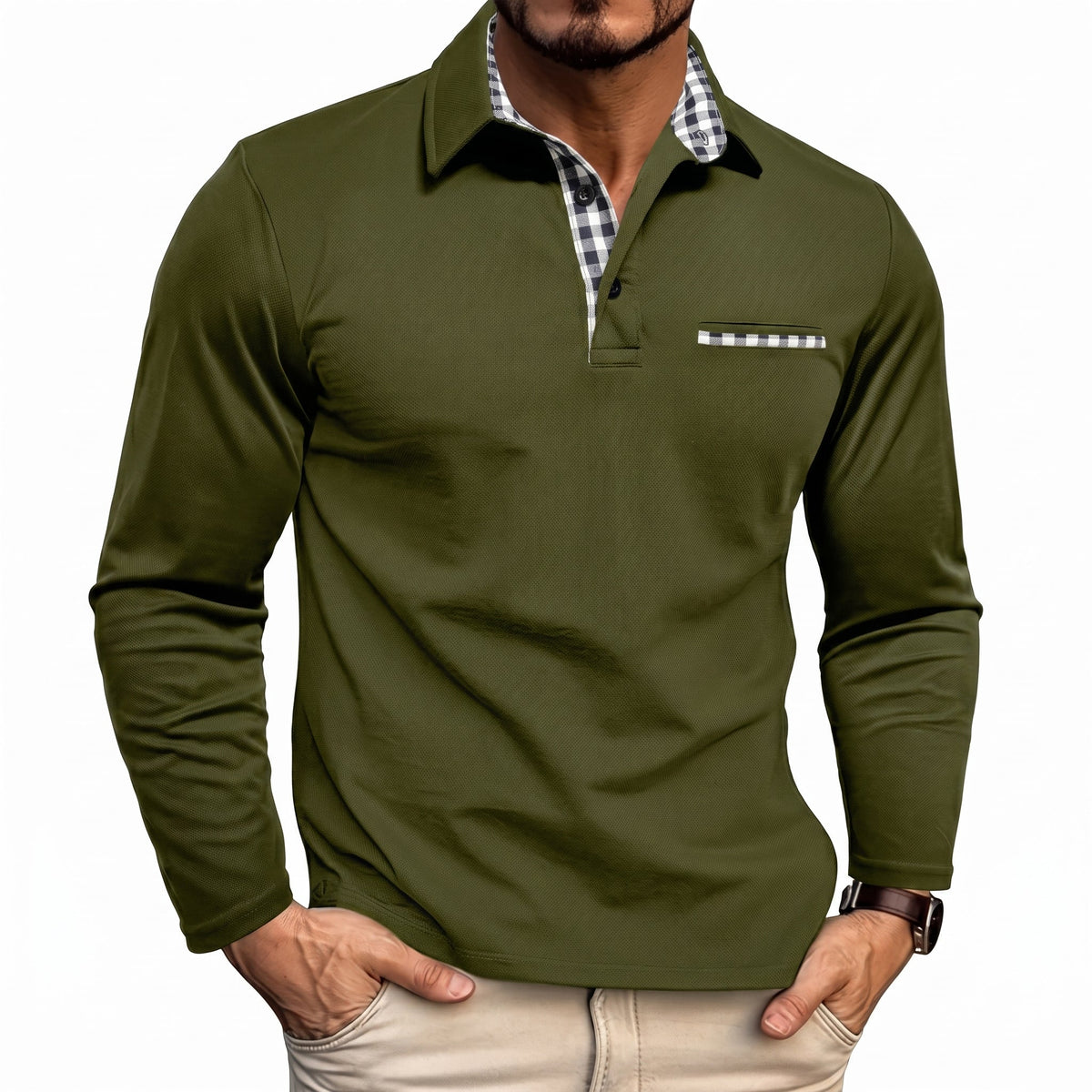 Marcus - Men's Long Sleeve Polo Shirt with Check Collar Detail - Polos - Green - Parker&Brooks