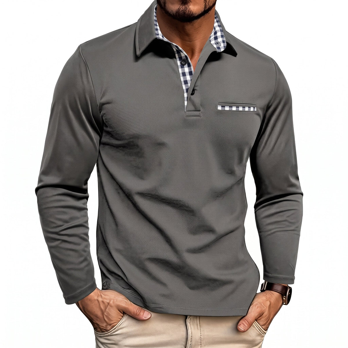 Marcus - Men's Long Sleeve Polo Shirt with Check Collar Detail - Polos - Grey - Parker&Brooks