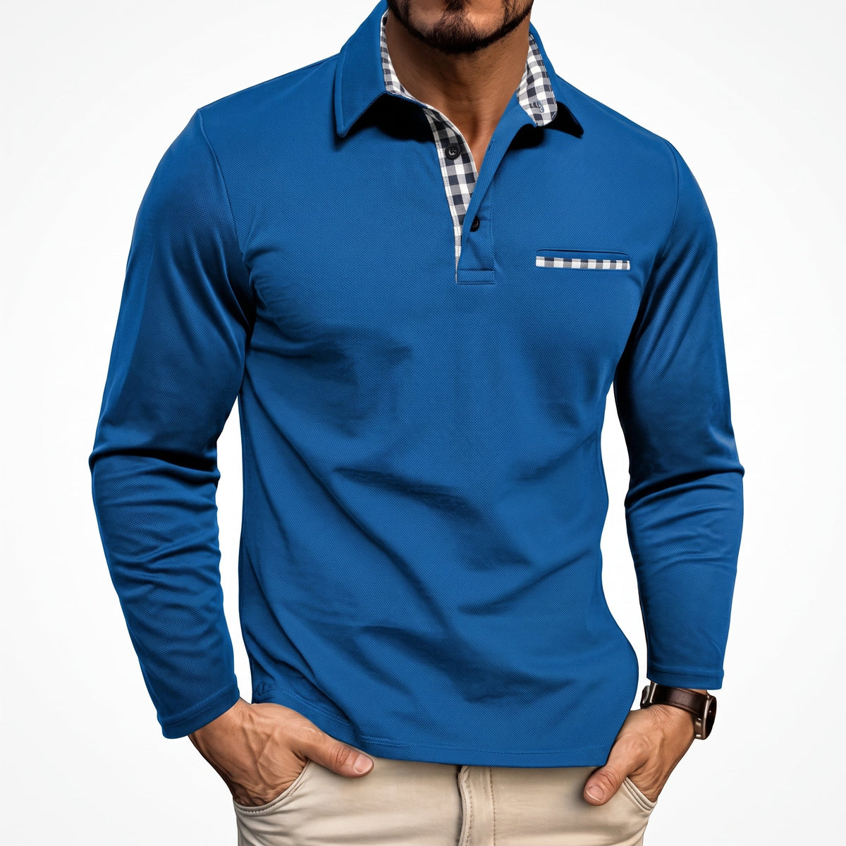 Marcus - Men's Long Sleeve Polo Shirt with Check Collar Detail - Polos - Blue - Parker&Brooks