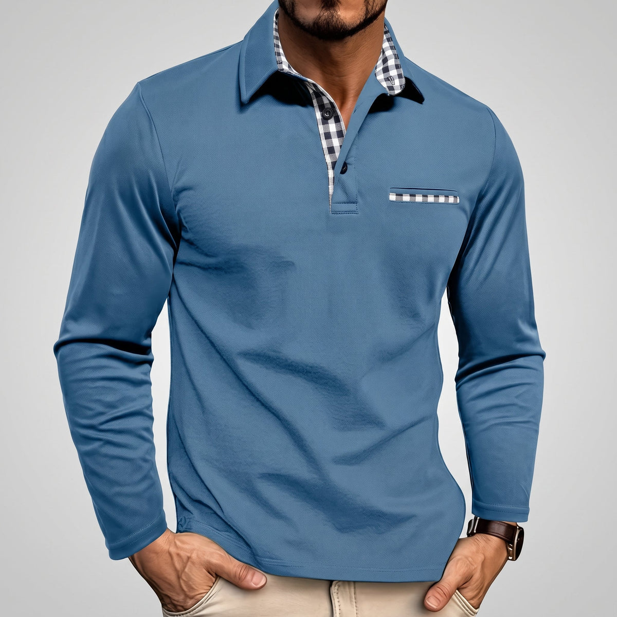 Marcus - Men's Long Sleeve Polo Shirt with Check Collar Detail - Polos - Light Blue - Parker&Brooks