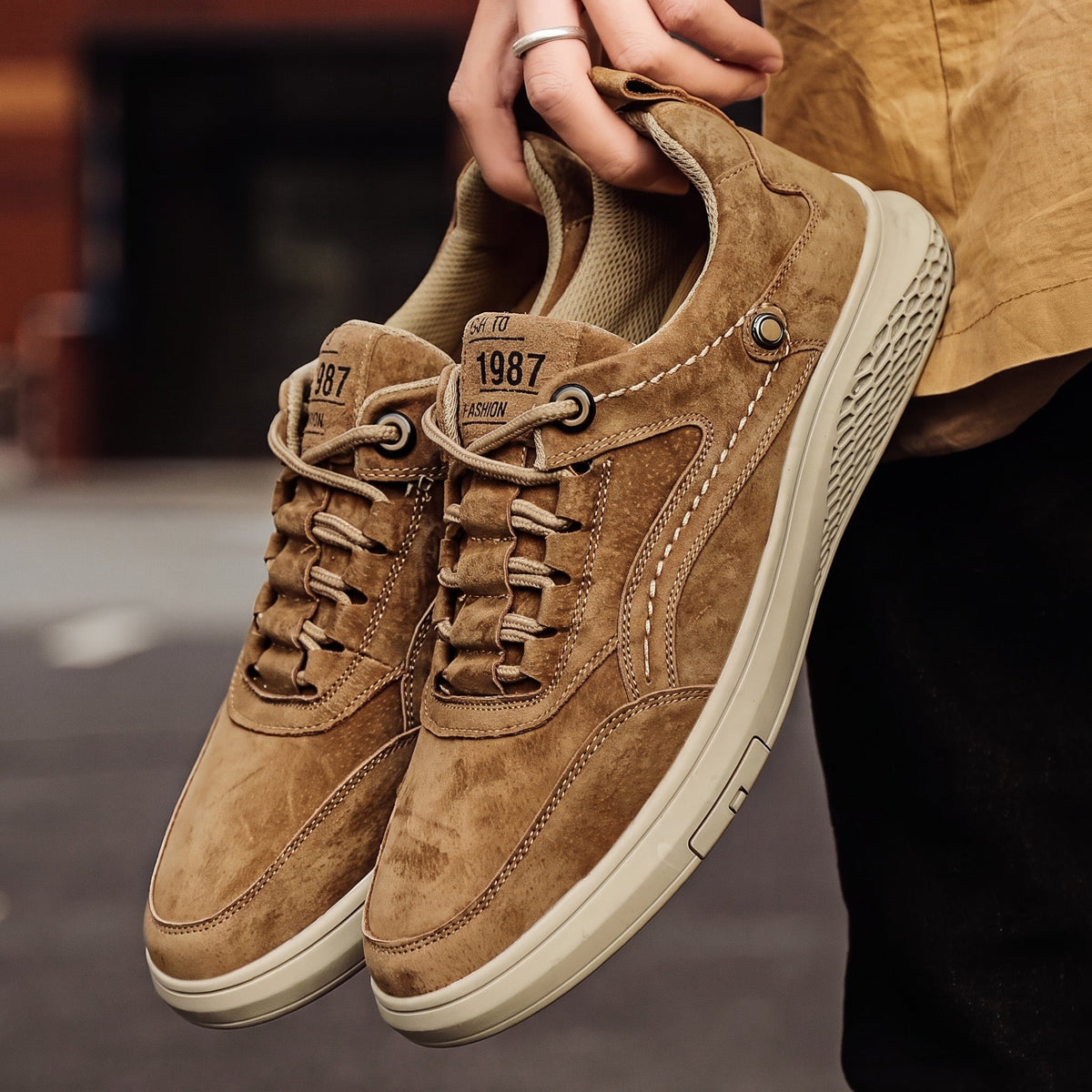 Marcus - Men's Low-Top Suede-Look Sneakers with Lace-Up Detail - Sneakers - Khaki - Parker&Brooks