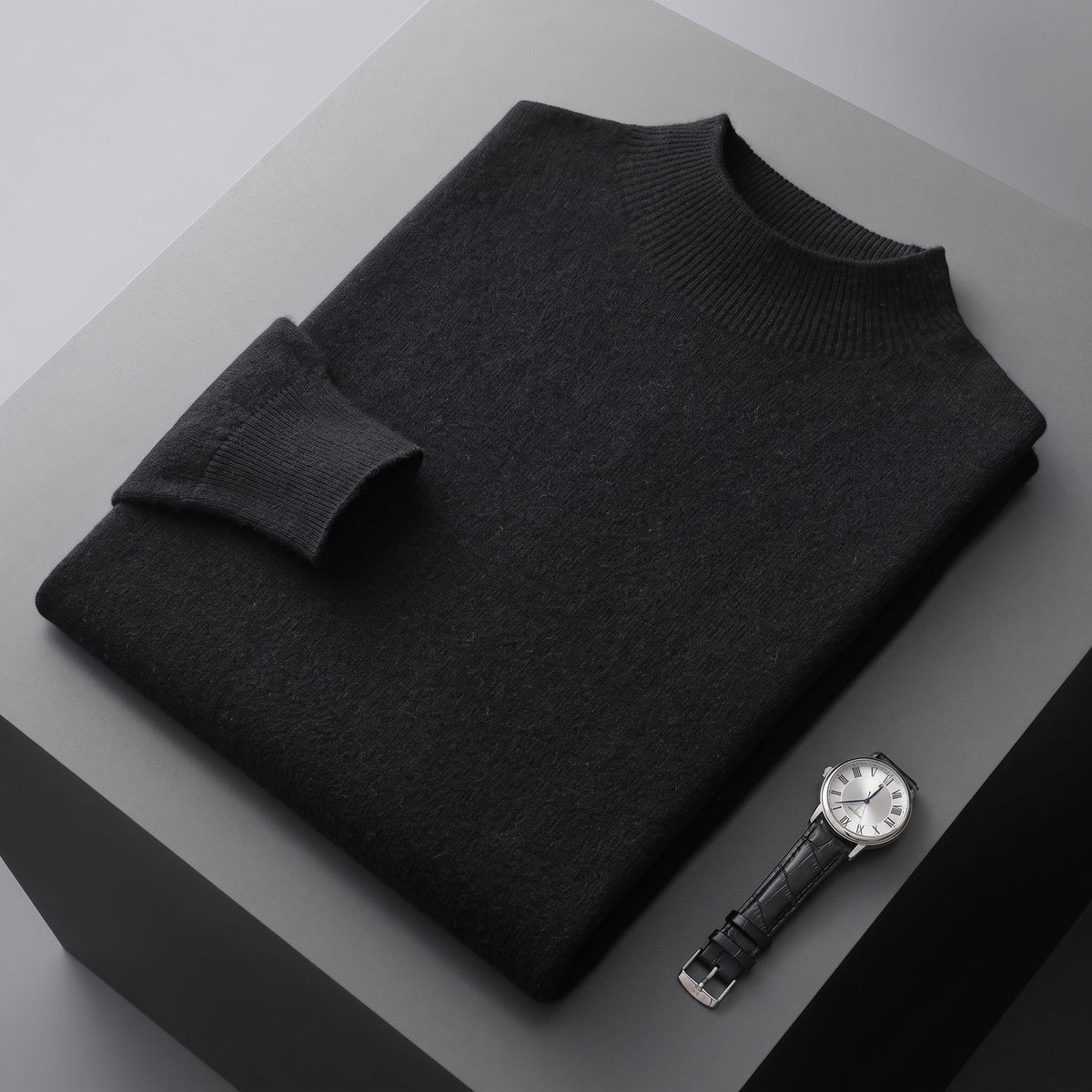 Marcus - Men's Mock Neck Wool Sweater with Ribbed Cuffs - Sweaters - Black - Parker&Brooks