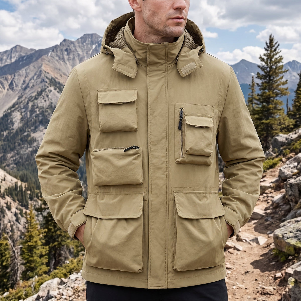 Marcus - Men's Multi-Pocket Hooded Utility Jacket with Zip Closure - Coats & Jackets - Khaki - Parker&Brooks