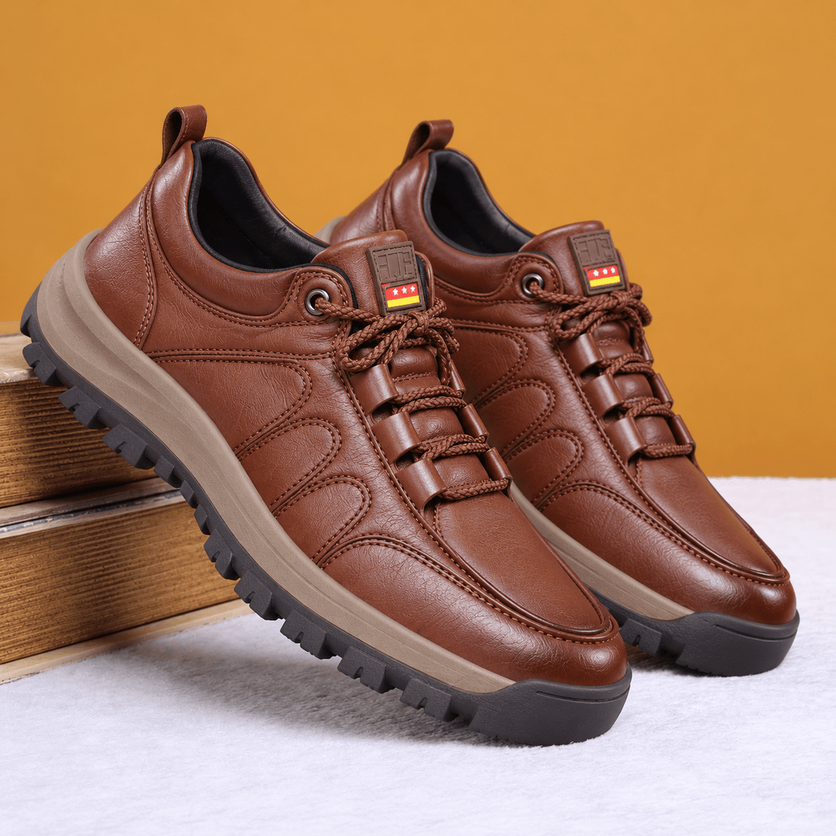 Marcus - Men's Orthopedic Lace-Up Leather Shoes with Lugged Sole - Sneakers - Brown - Sarvento