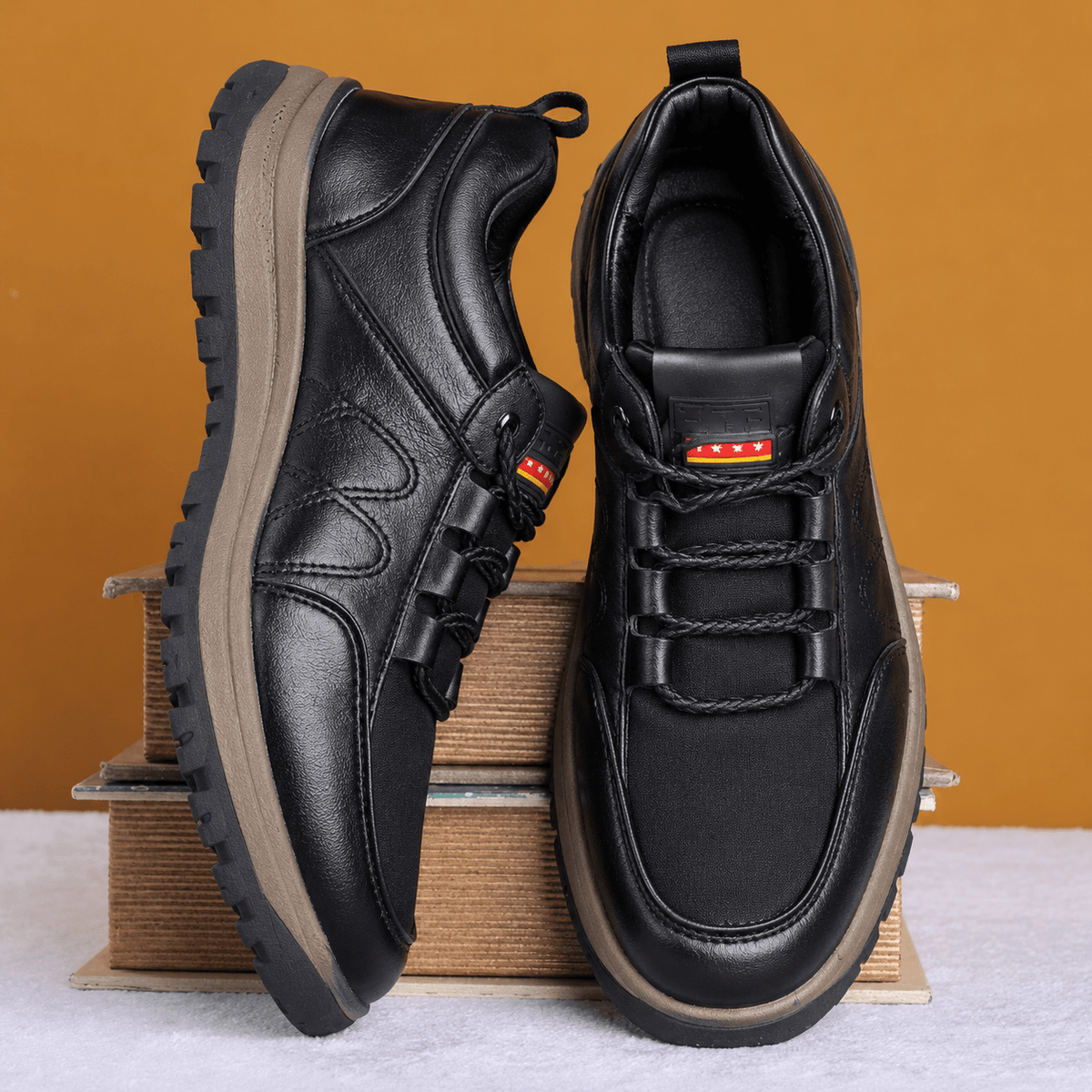 Marcus - Men's Orthopedic Lace-Up Leather Shoes with Lugged Sole - Sneakers - Black - Sarvento