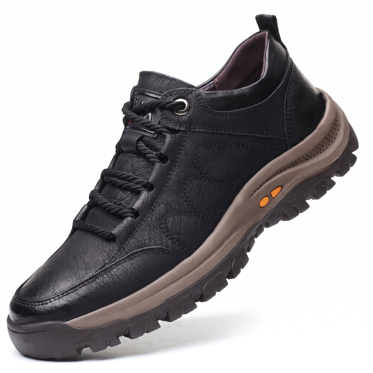 Marcus - Men's Orthopedic Leather-Look Lace-Up Trainers with Chunky Sole - Sneakers - Black - Parker&Brooks
