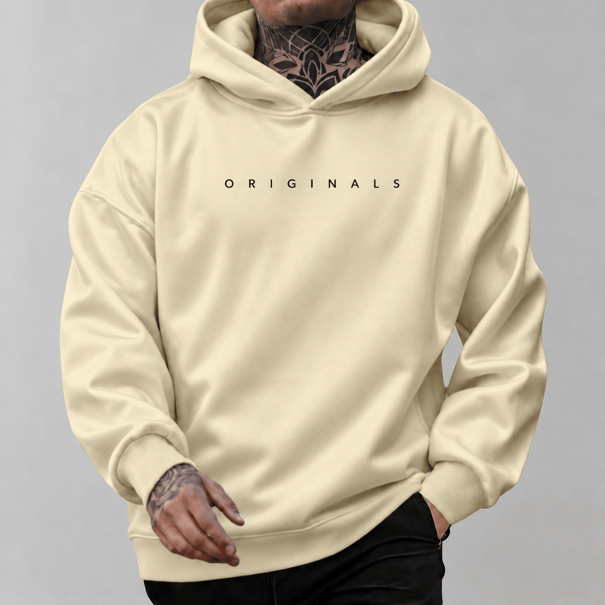 Marcus - Men's Oversized Pullover Hoodie with Drawstring Hood - Beige - Sarvento