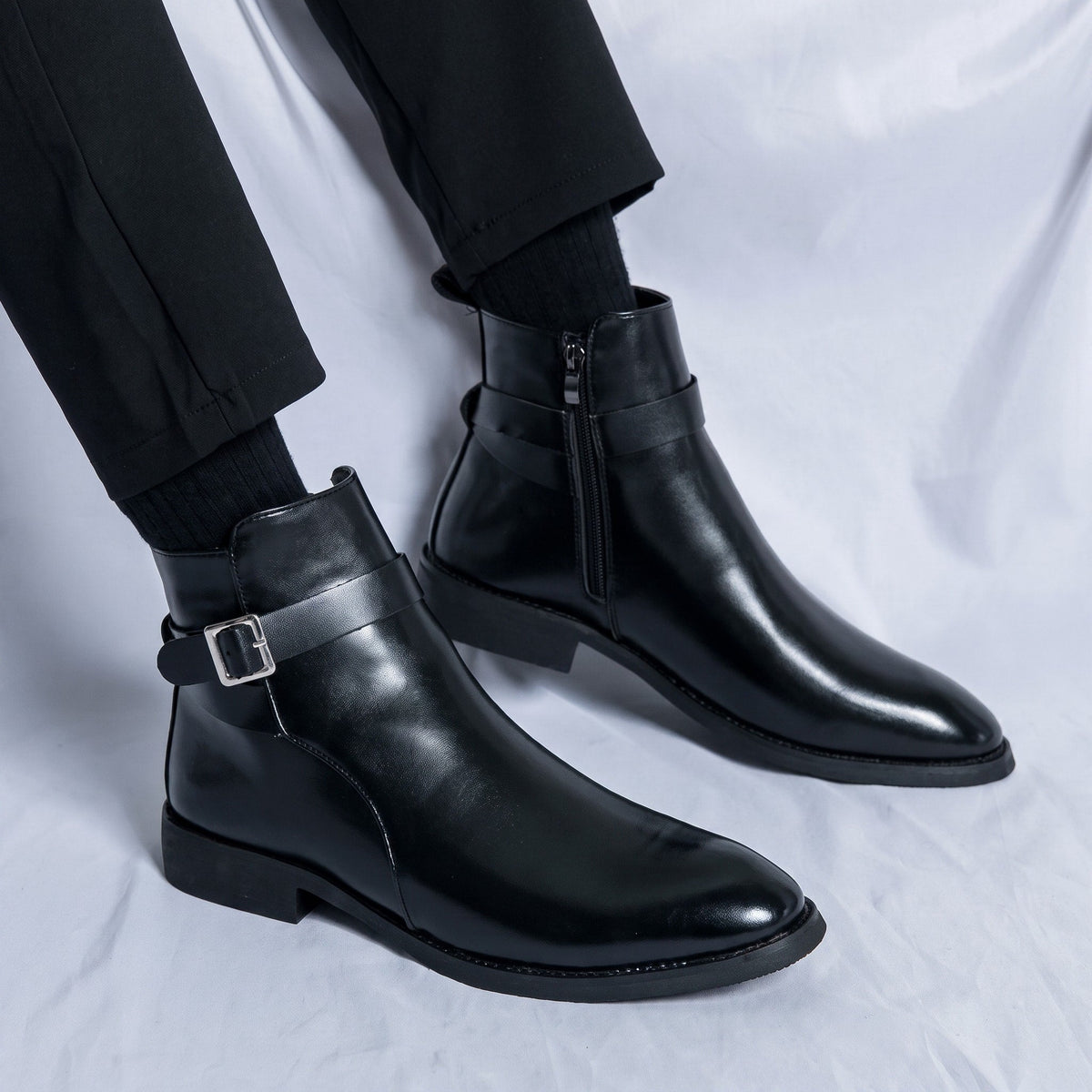 Marcus - Men's Pointed Toe Ankle Boots with Buckle Strap - Boots - Black - Parker&Brooks